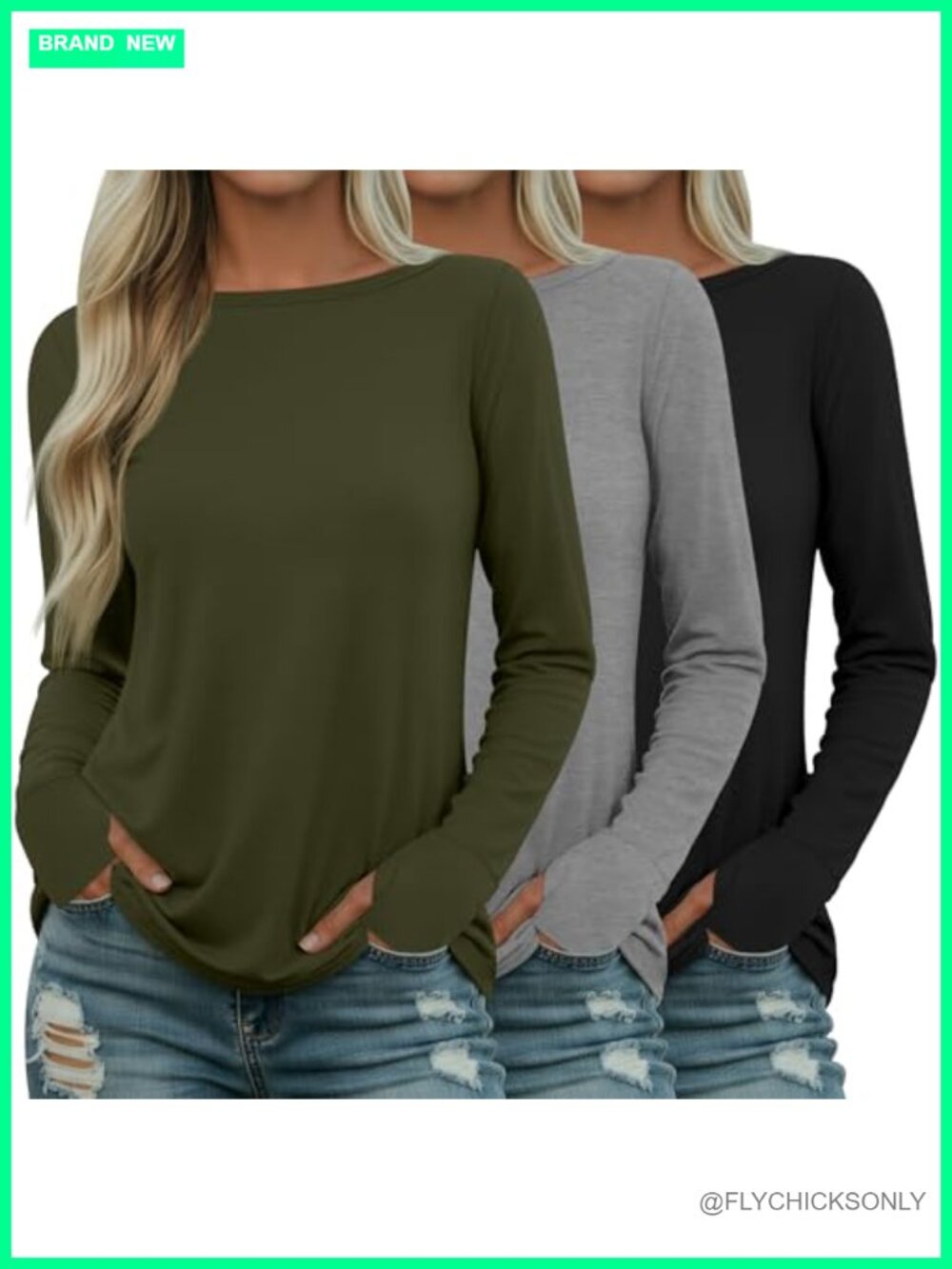 Women's Cotton Long Sleeve Tunic Shirt with Thumb Hole 3 Pack